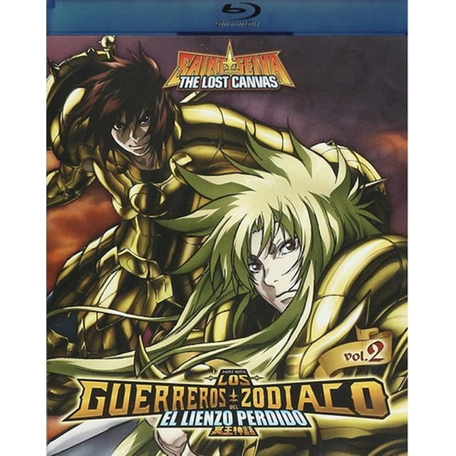 los guerreros del zodiaco lienzo perdido volumen 2 blu-ray Carátula frontal Blu-ray con dos caballeros en armadura dorada, uno de cabello verde claro en primer plano y otro de cabello oscuro detrás; logotipo 'The Lost Canvas' arriba, título en la parte inferior y franja azul superior con icono Blu-ray.