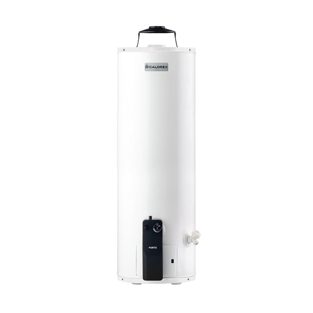 calorex boiler calentador de agua de deposito fortis g15 para 1½ servicio gas nat Calentador de depósito blanco 59 L, vista frontal centrada; cilindro de 115 cm x 41 cm con pintura horneada y etiqueta CALOREX, panel frontal negro con control termostático automático y perilla, válvula de drenado lateral tipo nariz y conexión de agua ¾" visible; encendido por chispa/piezo y aislamiento de fibra de vidrio. Adecuado para 1½ servicios y para suministrar agua caliente a puntos de uso a distancia.