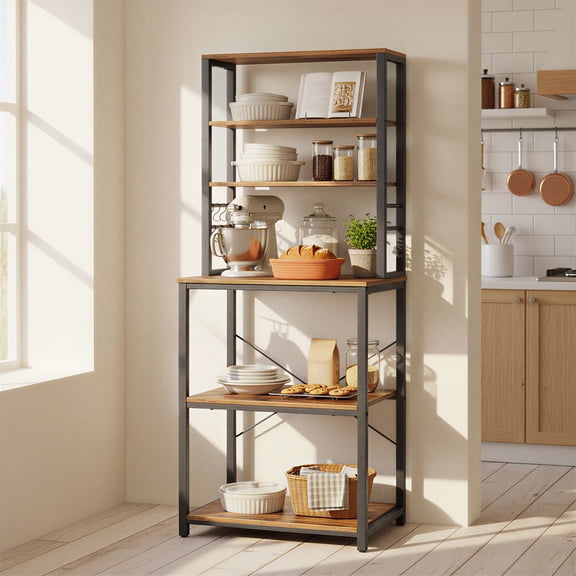 VASAGLE- Barra de café, Estante de Cocina de 6 Niveles con 6 Ganchos, Soporte para microondas, Industrial, 15.7 x 23.6 x 65.7 Pulgadas, café rústico y Negro