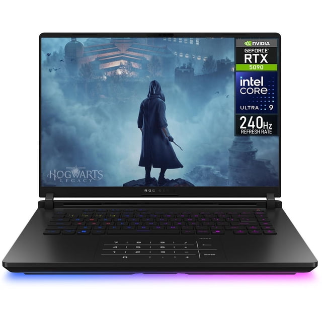 laptop gamer asus rog strix scar 16 nvidia geforce rtx 5090 core ultra 9 275hx 32gb ddr5 ssd 2tb 16" teclado ingles — vista frontal centrada de la laptop negra con pantalla 16" WQXGA encendida y etiqueta de RTX 5090/Intel en la esquina superior derecha; chasis angular, teclado chiclet retroiluminado RGB por tecla en distribución inglés, touchpad amplio con panel numérico y tira LED RGB frontal. Pantalla 240Hz visible en la esquina; adecuada para gaming 4K y frecuentemente usada como estación portátil para edición y streaming ligero.