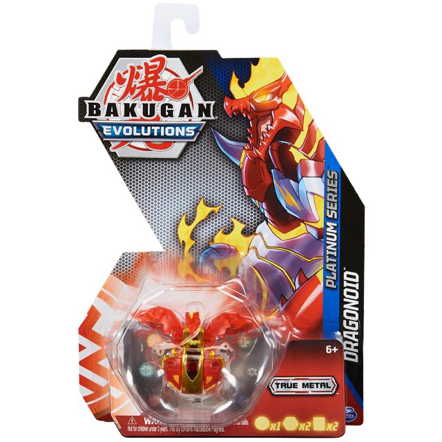 juguete bakugan evolutions dragonoid red con 2 bakucores de más de 6 años, Bakugan rojo True Metal cerrado en bola con acabados metálicos auténticos y decoraciones doradas, incluye 2 BakuCores visibles y carta de personaje en empaque de la serie Platinum con ilustración de Dragonoid y texto "Platinum Series", figura de acción coleccionable; suele usarse para iniciar una colección de sets de Bakugan.