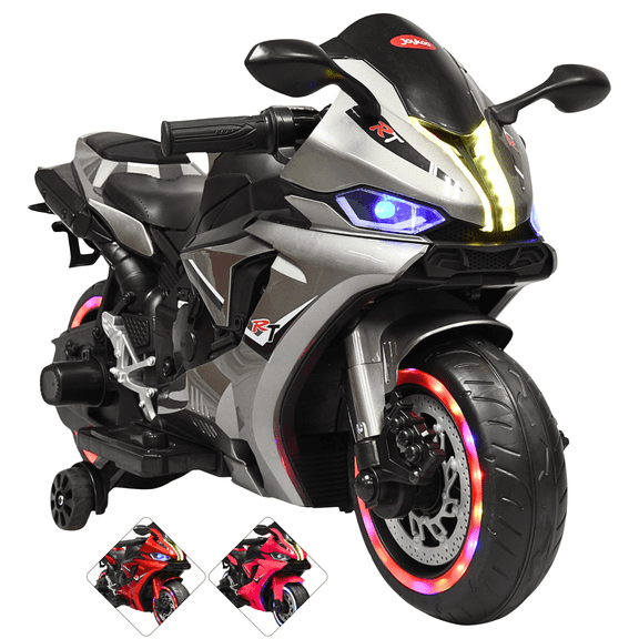 Moto Montable Eléctrica para Niños Luces Led Sonido Batería 12v Ruedas con Luz - Gris
