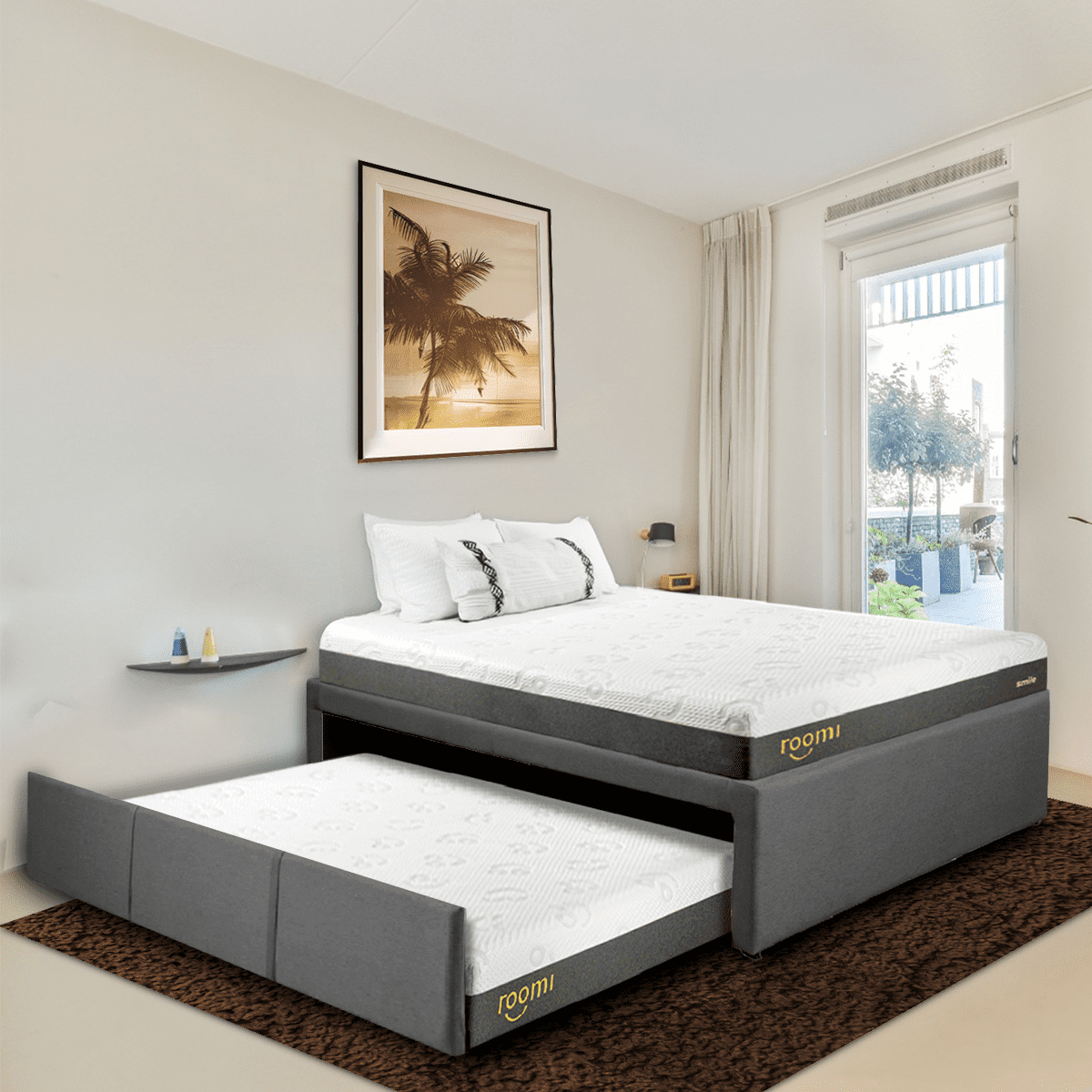 Cama doble Matrimonial Roomi Gris + 2 Colchones Smile