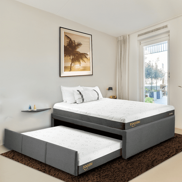 Cama doble Matrimonial Roomi Gris + 2 Colchones Smile