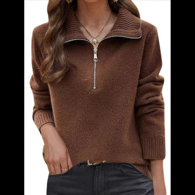 Suéter de Otoño para Mujer, de Larga, con Cremallera de 1/4, Sudadera Holgada de Punto Acanalado con Abertura. Color Café L