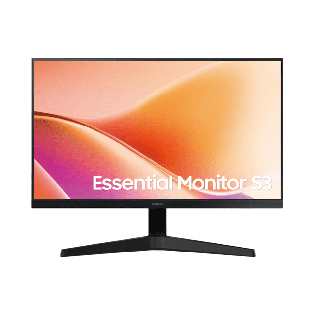 monitor 24'' samsung essential s3 full hd negro vista frontal centrada de monitor Samsung Essential S3 negro de 24'' (Full HD 1920×1080) con biseles delgados y soporte en forma de T; pantalla muestra un gráfico cálido, base en V invertida y logo Samsung en la barra inferior. Ideal para trabajo diario y suele usarse como segunda pantalla en estaciones compactas.