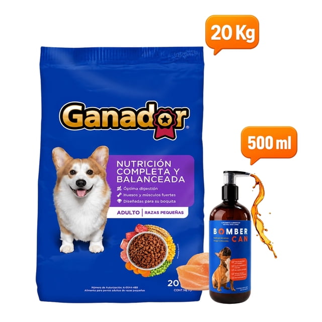 Croquetas Para Perro Ganador Original Adulto Razas Pequeñas 20 Kg con Bomber Can aceite de Salmon 500 ml