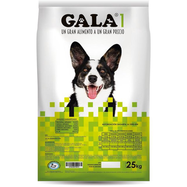 alimento gala 1 de 25 kg alimento para perros en bolsa blanca y verde con perro negro y blanco en primer plano; marca GALA1 en la parte superior, panel inferior con tabla de análisis garantizado y recomendaciones de ración; formulado para mantenimiento y baja actividad física, sabor a pollo, color surtidos, peso 25 kg.
