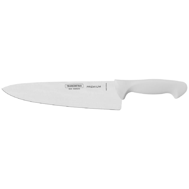 cuchillo para chef 10 premium blanco tramontina 24476180 cuchillo de chef, vista lateral centrada con hoja larga de acero inoxidable marcada 'TRAMONTINA PREMIUM' y mango blanco ergonómico de polipropileno texturizado con guardamanos; fondo neutro; especificaciones indican protección antimicrobiana y apto para lavavajillas, también suele utilizarse para filetear y preparar cortes en casa.