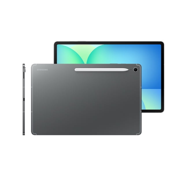 tableta samsung galaxy s10 fe 128gb 8gb gris vista frontal y trasera en 3/4 con pantalla 10.9" encendida, carcasa gris y S Pen sujeto en la parte trasera, cámara posterior única visible y lector de huellas lateral; tablet Android adecuada para multimedia y productividad, con 8GB RAM y 128GB de almacenamiento según ficha.