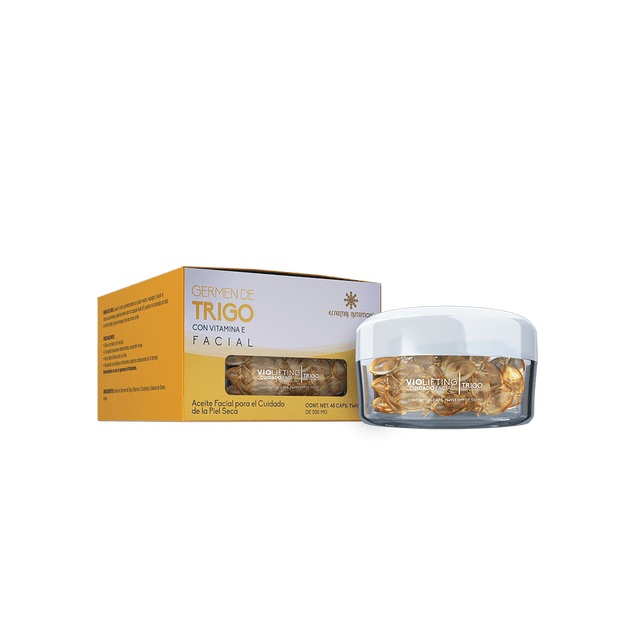 aceite de germen de trigo con vitamina e facial vio 45 cáps. twist off 500 mg frasco transparente con 45 cápsulas doradas y caja amarilla en vista 3/4; suplemento en cápsulas para hidratación de la piel y acción antioxidante según especificaciones, a menudo usado como complemento en rutinas de suero facial de belleza.