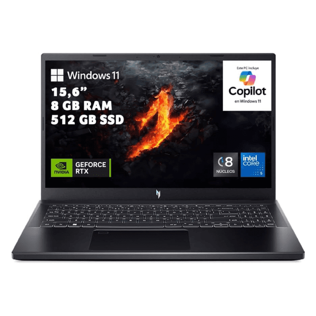 laptop gamer acer nitro v 15: intel core i5-13420h, rtx 4050, 15.6" fhd, 8gb ddr5, 512gb ssd, wi-fi 6, windows 11 — vista frontal con pantalla encendida mostrando un fuego gráfico, teclado retroiluminado y chasis negro.