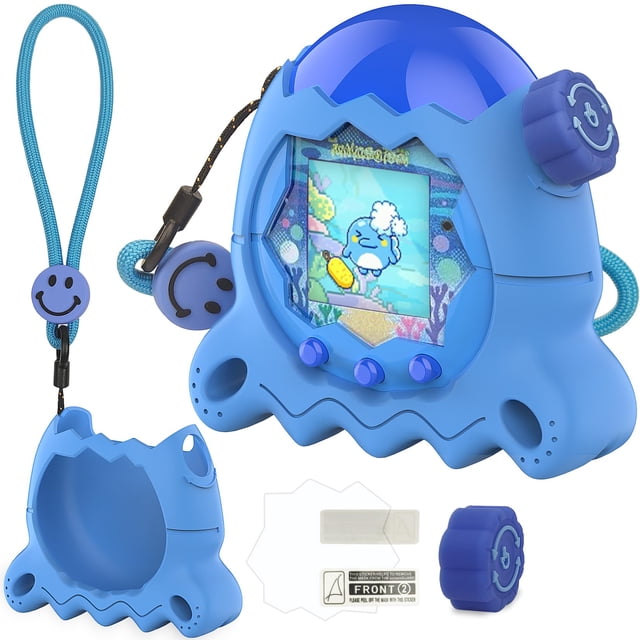 funda de silicona XEGIMOR para Tamagotchi Paradise azul + accesorios — funda azul flexible con recortes para pantalla y botones, tapa giratoria para botones azul, 2 protectores de pantalla TPU y correa de muñeca azul con colgante sonriente; ajuste preciso y lavable, diseñada para proteger contra rayones y caídas y facilitar llevar el Tamagotchi Paradise.