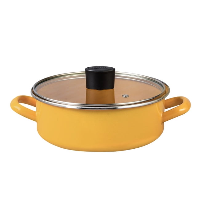 arrocera budinera peltre 20 cm tapa de vidrio cinsa amarilla, vista frontal centrada de olla baja de peltre amarilla con asas laterales integradas, borde con anillo de acero inoxidable y tapa de vidrio templado con pomo negro y pequeña válvula; capacidad 2.2 l, apta para estufa gas, eléctrica e inducción y horno convencional; también usada como molde para budines o guisos pequeños.