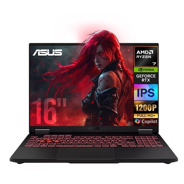 laptop ia gamer asus tuf gaming a16 nvidia geforce rtx 5060 8gb dlss ryzen 7 260 npu 64gb 1tb 16" ips fhd+ 165hz teclado ingles frontal 3/4, chasis negro mate, pantalla 16" IPS 1920×1200 165Hz con arte de juego y rótulos de specs a la derecha, teclado chiclet RGB en inglés con tecla Copilot, touchpad centrado y bisagras visibles. Apto para gaming, creación de contenido y multitarea.