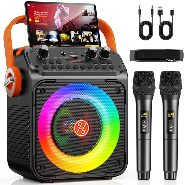 bocina jyx, bocina bluetooth portátil para fiestas con 2 micrófonos inalámbricos, altavoz bluetooth con luces dj y ajuste de eco para exteriores — Altavoz portátil negro JYX con aro LED multicolor frontal, panel superior con perillas de eco y volumen y botones digitales, empuñadura y correa naranja, dos micrófonos inalámbricos negros, receptor USB/AUX y cables incluidos; ultraligero (2,1 kg), ideal para karaoke en casa, playa o viajes.