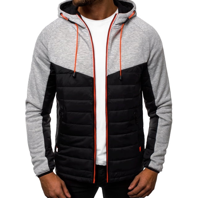 sudadera para hombre shendy vendy con capucha deportiva con cierre hoodie gris de silueta clásica con cremallera frontal completa. Cuerpo acolchado negro y mangas y capucha gris jaspeado, cordón naranja, bolsillos delanteros con cierre, costuras de doble aguja y puños acanalados que conservan la forma y ofrecen aislamiento térmico; apta también como capa intermedia para actividades al aire libre.