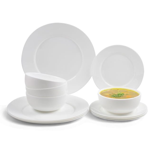 vajilla de opalina con 16 piezas para 4 personas. resistente apta para microondas y lavavajillas — Conjunto blanco en opalina mostrado frontalmente: 4 platos extendidos de 24 cm, 4 platos postreros de 17.7 cm y 4 platos soperos de 12.7 cm, piezas apiladas y un bol con sopa sobre fondo blanco; compatible con microondas y lavavajillas, a menudo usada también para mesas informales.
