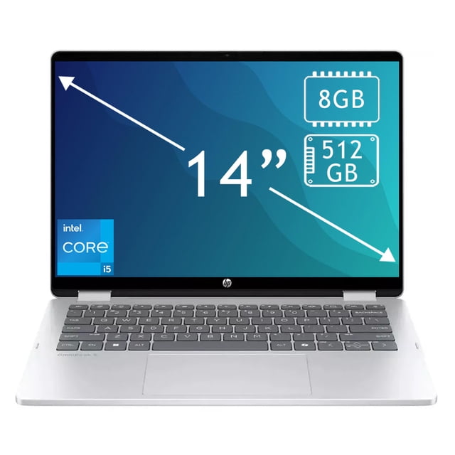 laptop hp omnibook 2 en 1 touch 2k 14" core i5 8gb 512gb plata — Frontal abierto con pantalla táctil 14" 2K que muestra iconos de 8 GB RAM y 512 GB SSD; chasis color plata, teclado de tamaño completo y bisagra flip para uso 2 en 1; adecuada para tomar notas y presentaciones en modo tableta.