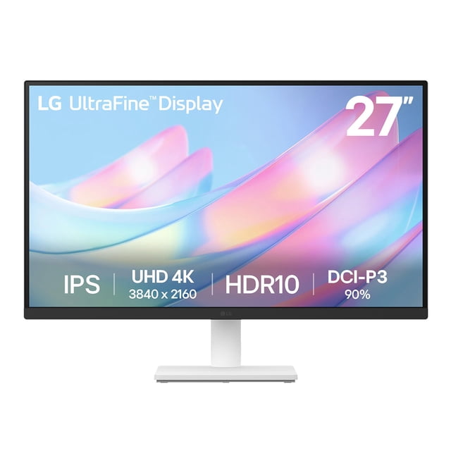 monitor lg 27" ultrafino 4k uhd hdr10 ips, blanco, 27us500-w monitor LG UltraFine 27" 4K UHD (3840 x 2160) IPS en blanco, diseño de tres bordes casi sin marco y soporte central blanco; pantalla indica HDR10 y DCI‑P3 90%, con modo lectura y funciones anti‑parpadeo para reducir fatiga ocular; suele usarse también para edición de foto y video en escritorios compactos.