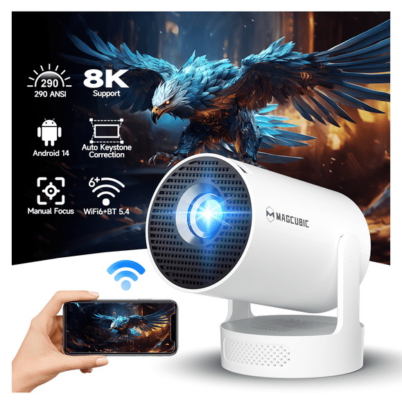 Magcubic Mini Proyector 8K y 4K Compatible con WiFi 6 y BT 5.4, Altavoz con Base de Sonido de 5W, Proyector Portátil Automático con Teclado Vertical Giratorio 180° para Hogar Recámara Películas para