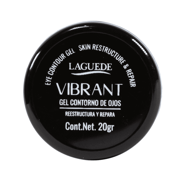 gel contorno de ojos laguede vibrant gel / contorno / anti-arrugas: frasco redondo negro visto desde arriba con logo LAGUEDE y texto VIBRANT, 'Gel contorno de ojos', 'Reestructura y repara' y 'Cont. Net. 20gr'; gel ligero hidratante que ayuda a prevenir y/o hacer menos evidentes las arrugas y líneas de expresión, ideal para llevar en el neceser de viaje.