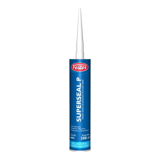 sellador elástico de poliuretano de secado rápido fester superseal p 300 ml gris tubo vertical con boquilla cónica y envase azul con logo Fester, etiqueta muestra "SUPERSEAL P" y 300 ml, monocomponente pastoso que vulcaniza con la humedad para formar sello elástico; a menudo usado para sellados en automoción. Fondo blanco.