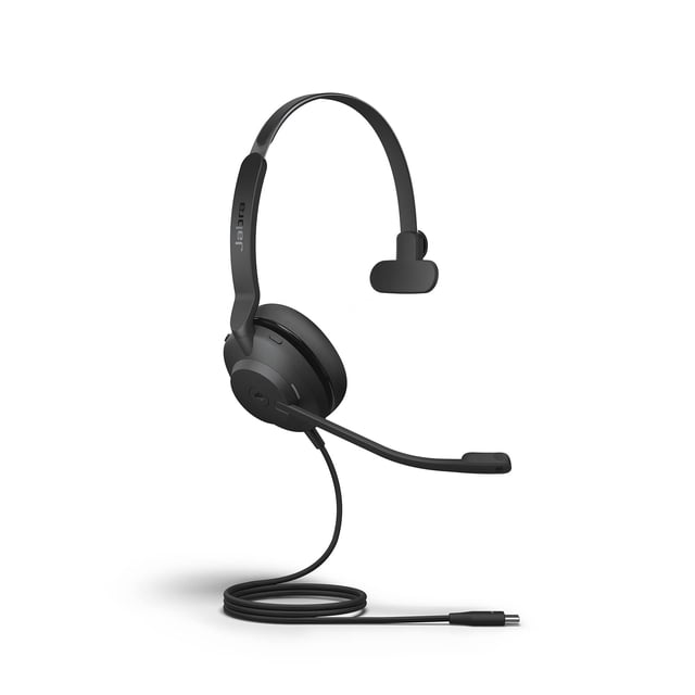 auriculares con cable jabra evolve2 30 uc usb-c mono black Auricular mono negro con diadema ajustable, copa oval acolchada y micrófono articulado; cable USB-C enrollado en primer plano y luz busylight integrada, diseñado para llamadas y teletrabajo y también apto para grabaciones y uso móvil ocasional.