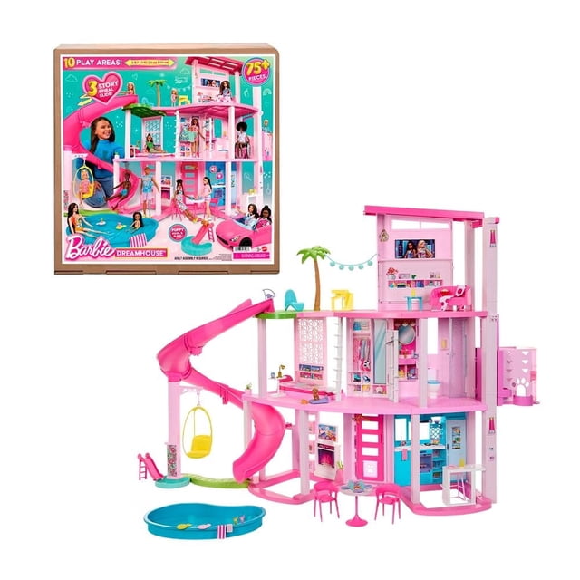 set de juego mattel barbie nueva casa de los sueños, juguete 3 niveles con tobogán en espiral de tres pisos y piscina para fiesta en la piscina, vista 3/4 frontal que muestra estructura abierta rosa y blanca, ascensor y accesorios para mascotas, más de 75 accesorios.