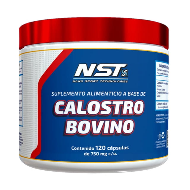 calostro bovino puro advance labs 120 cápsulas 750mg Frasco frontal NST con etiqueta azul y roja, texto grande “CALOSTRO BOVINO”, contenido 120 cápsulas de 750 mg c/u, tapa roja y envase blanco; suplemento alimenticio, panel nutricional visible en el lateral.