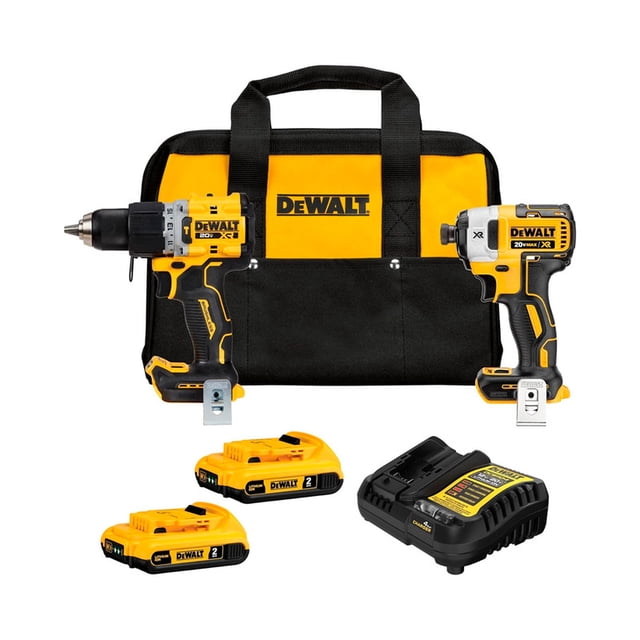 kit rotomartillo atornillador dewalt dck2490d2 20 v max conjunto de herramientas inalámbricas: rotomartillo y atornillador frontales en amarillo y negro, dos baterías 20V, cargador y maletín DEWALT sobre fondo blanco; ideal para mantenimiento y bricolaje ligero.