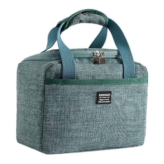 xihbxyly lonchera térmica, ideal para el trabajo y la escuela; vista frontal 3/4 de bolsa rectangular con asas acolchadas y cierre doble; tela texturizada verde con bolsillo frontal y etiqueta negra, tirantes y borde en verde oscuro; 24 x 14 x 17 cm, forro de aluminio de grado alimenticio, portátil y apta para picnic.