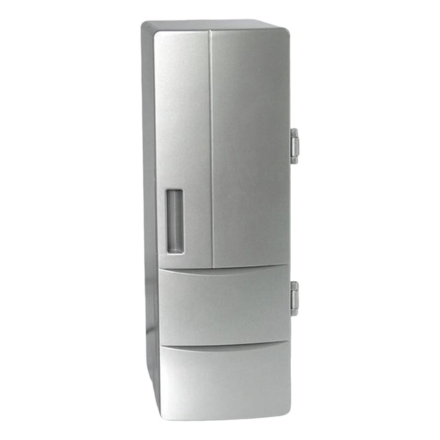 refrigerador genérico strade fareast limited para automóvil mini refrigerador usb refrigeradores y calentadores de alto rendimiento plata Mini nevera portátil plata, vista frontal vertical con puerta superior y dos compartimentos inferiores tipo cajón, carcasa de plástico PP mate, tirador rectangular y bisagras a la derecha; 12.5 x 8.5 x 25 cm, funciona por USB 5 V/1.2 A con refrigeración por semiconductor, adecuada para coche, oficina y viajes; ideal para mantener bebidas y snacks durante desplazamientos.