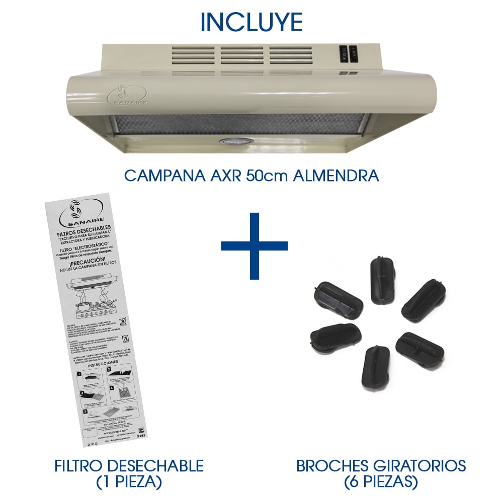 COMBO CAMPANA AXR 50CM SANAIRE con FILTRO atrapagrasa extra y BOLSITA de broches de repuesto