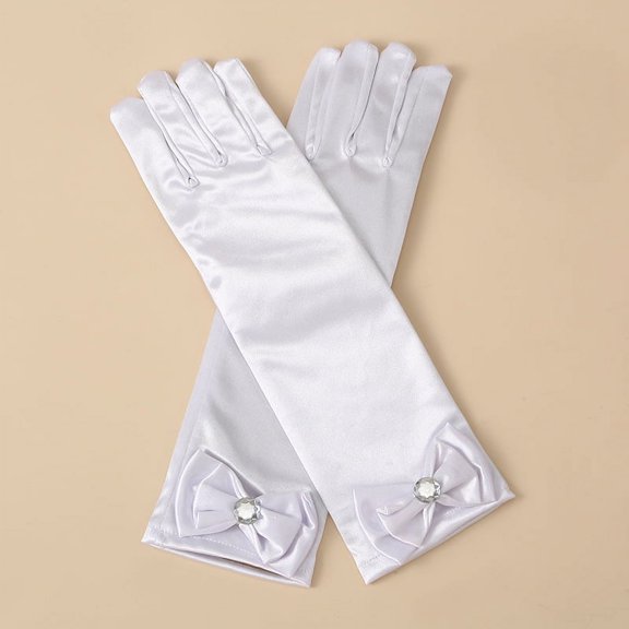 Zhuge Guantes de princesa, guantes largos de satén blanco para niña, guantes de princesa con lazos de diamantes para cumpleaños, bodas, fiestas de disfraces, color blanco