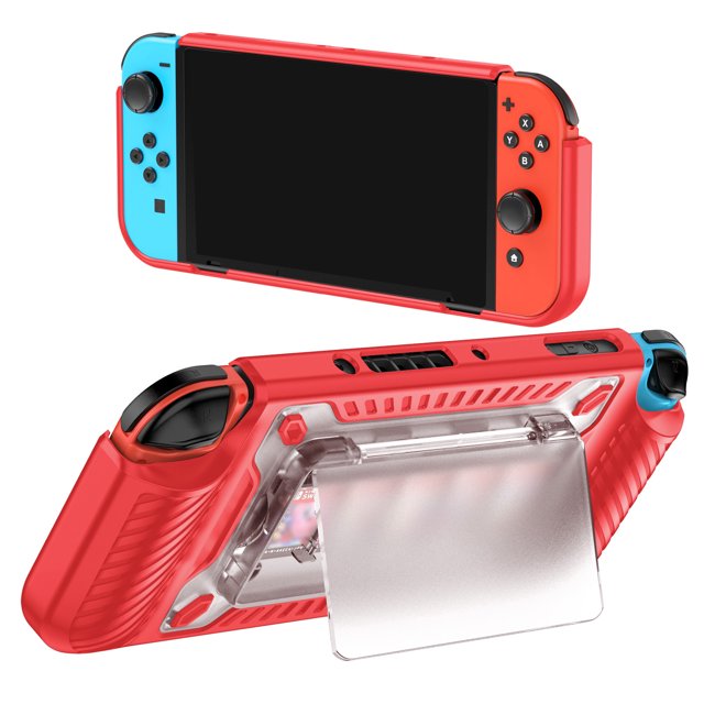 funda protectora para consola nintendo switch oled con ranura para cartuchos de juegos AARONMEI roja, vista frontal centrada con consola y Joy-Con colocados; toma trasera mostrando pie de soporte transparente desplegado, texturizado anti-deslizante en laterales y ranura accesible para cartuchos, adecuada también para transportar accesorios pequeños.