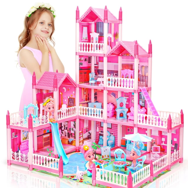 casa de muñecas amidear de 4 pisos con 11 habitaciones con muebles para niñas de 3 a 10 años Rosa vista frontal en 3/4 que muestra la estructura modular de 4 niveles con barandas blancas y detalles rosados. Casa de plástico ABS con 11 áreas visibles: sala, cocina, comedor, dormitorios, baño, balcón con columpio, terraza con piscina y tobogán azul; muebles y accesorios encajables y cadena de luces coloridas incluida. Persona junto al juguete para referencia de escala; adecuada para montaje modular y juego imaginativo.