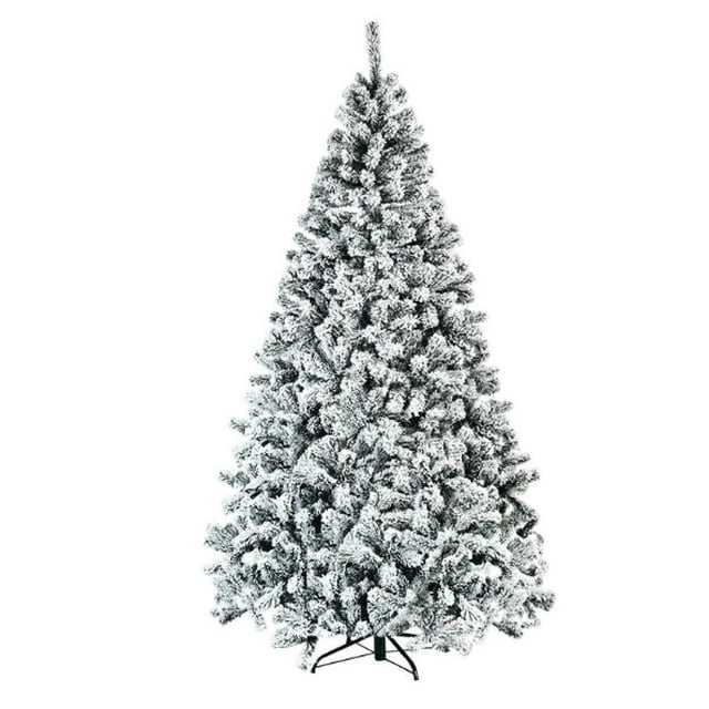 árbol de navidad nevado artificial 1.8 m con base metálica, decoración navideña realista, vista frontal de árbol de 1.8 m (1 m ancho) con follaje frondoso y ramas flexibles cubiertas de efecto nieve, base metálica plegable visible en la base; adecuado para salas, oficinas o exhibiciones y eventos festivos.