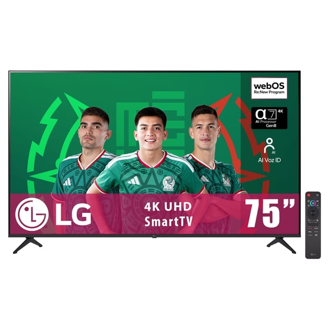 tv lg 75 pulgadas uhd ai ua8055 4k smart tv webos 2025 pantalla frontal de 75 pulgadas 4K UHD con marco negro delgado y pies en V, imagen deportiva con tres jugadores y fondo verde, logo LG y texto 4K UHD SmartTV en pantalla; control Magic Remote AI negro visible a la derecha, compatible con procesador α7 AI y webOS Re:New.