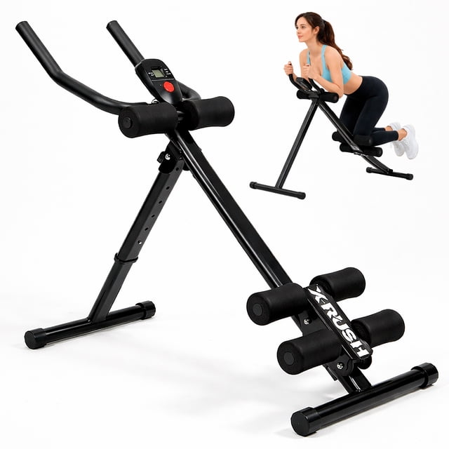 máquina para abdominales x-rush plegable con 5 niveles de altura, monitor lcd, capacidad máxima 150 kg — vista 3/4 frontal de estructura tubular de acero negra con rodillos de espuma de alta densidad; columna con orificios para 5 niveles de ajuste; monitor LCD integrado para tiempo, repeticiones y calorías; diseño plegable para ahorrar espacio, ideal para casa u oficina; también suele usarse para ejercicios complementarios de core.
