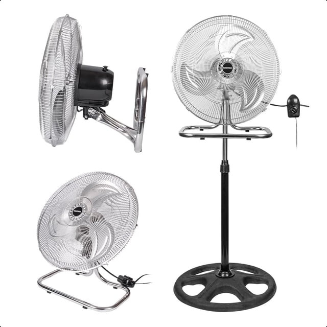 ventilador pedestal piso pared daewoo di-45hvf-3 3 en 1 ventilador de 18" negro con aspas metálicas y rejilla circular; vista frontal en modo pedestal con tubo ajustable y base redonda estable, también mostrado en posición de piso/mesa y con soporte metálico para pared y ajuste de giro 90°. A menudo usado como ventilador portátil para talleres o garajes.
