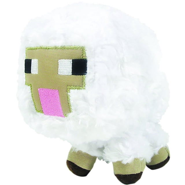 peluche minecraft baby sheep, amarillo suave, 14 cm de altura, 12 meses o más Vista 3/4 frontal de un peluche Baby Sheep de Minecraft con cuerpo de felpa blanca rizada, cara pixelada bordada en crema con lengua rosa y ojos cuadrados, patas cortas beige con pezuñas marrón oscuro; fondo neutro. Ideal como juguete coleccionable.