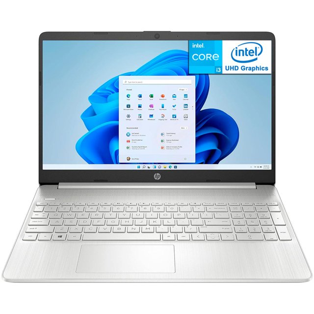 laptop hp 15-dy5023st intel core i3 1215u 8gb ram 256gb ssd 15.6" windows 11 home teclado en ingles. Vista frontal abierta, pantalla 15.6" Full HD IPS mostrando el escritorio de Windows 11; teclado en inglés de tamaño completo con teclado numérico, chasis plateado con acabado cepillado y touchpad centrado. También suele usarse como estación móvil para trabajo remoto ligero.