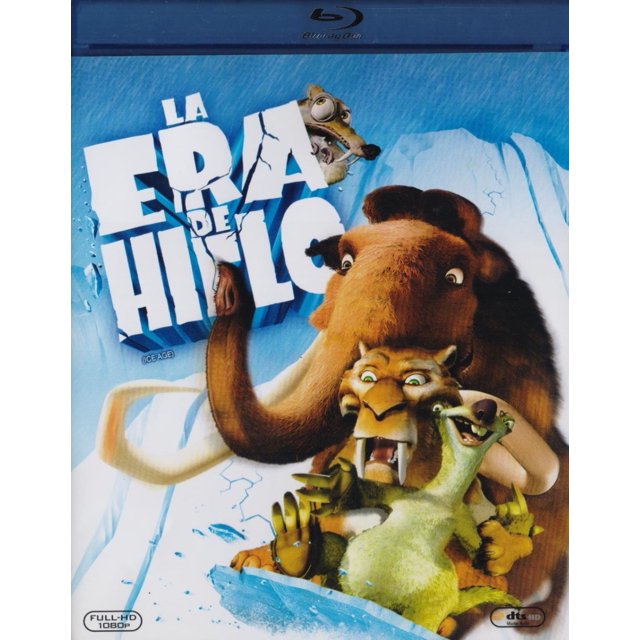 la era de hielo ice age jesus ochoa pelicula blu-ray fox blu ray Carátula frontal de Blu-ray con el título "La Era de Hielo", muestra al mamut marrón Manny en segundo plano, al tigre dientes de sable y al perezoso en primer plano sobre fondo azul glaciar; logotipo Blu-ray arriba y marca FOX. Película infantil con audio y subtítulos en español e inglés.