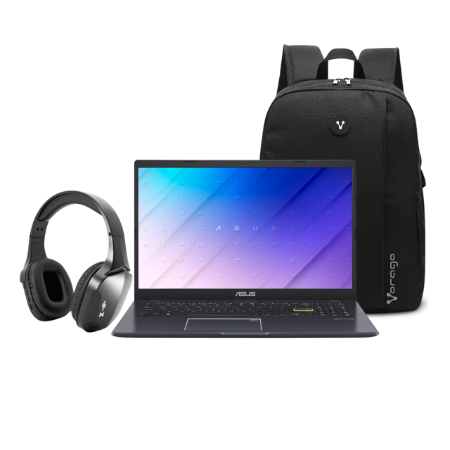 combo laptop asus e510ma-br1532w intel celeron-n4020 4gb 128gb hd w11h azul + audifonos bluetooth y mochila, vista frontal centrada de la laptop abierta con pantalla de 15.6 pulgadas, teclado visible y logo ASUS; audífonos Bluetooth negros a la izquierda y mochila negra detrás con tirantes y cierre visibles. Portátil azul con Windows 11 Home y 128GB eMMC, adecuada para tareas diarias y estudio.