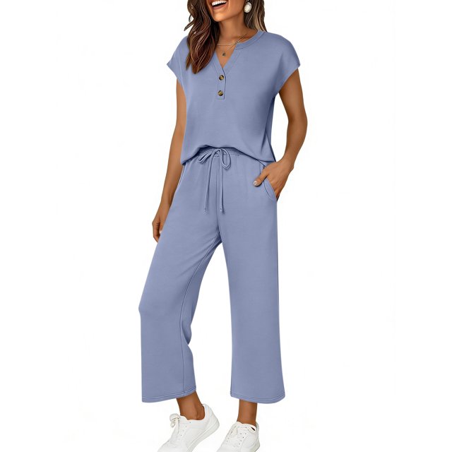 TaTaai Women Spring Summer Comfortable Solid Sports Set V-Neck Short Sleeve Top Long Pants with Pockets Ladies Daily Office Street Wear Non-See-Through Machine Washable Stylish Set Gift
