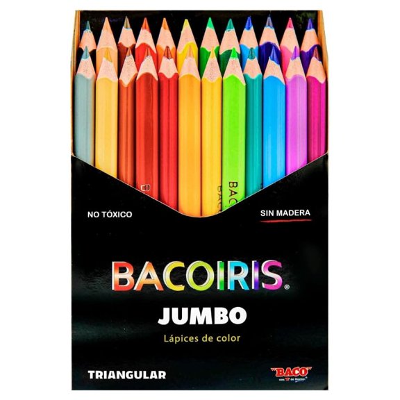 BACOIRIS Lápices de Colores Jumbo Triangulares Sin Madera, Caja con 24 Colores Brillantes, Punta Gruesa 3.3 mm, No Tóxicos, Ecológicos, Resistentes para Niños y Escolares
