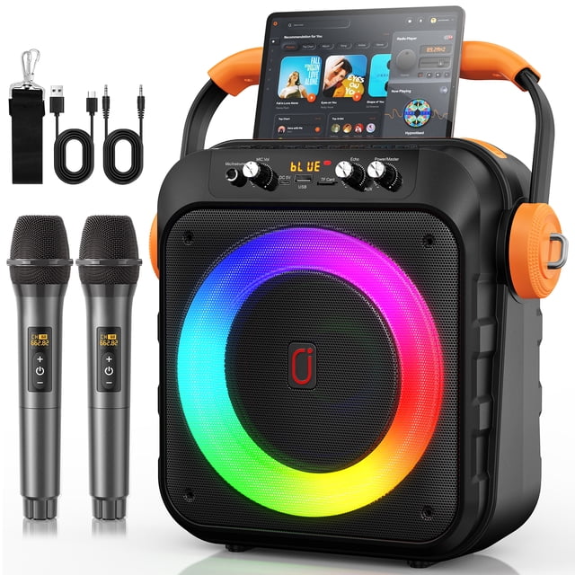 bocina jyx altavoz bluetooth portátil con 2 micrófonos y luz led para fiestas ms80 altavoz portátil negro con subwoofer de 6.5" y anillo LED RGB multicolor, controles superiores y entradas USB/TF/AUX, asa y correa naranja, incluye dos micrófonos inalámbricos y cables, ideal para karaoke portátil y reuniones al aire libre.