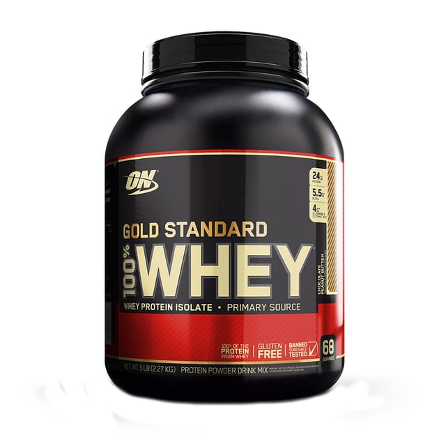 gold standard 100% whey™ - mantequilla de maní con chocolate (68 porciones) tarro negro frontal con etiqueta roja y dorada, vista centrada mostrando el texto grande 'WHEY', logo Optimum Nutrition y sello '68 porciones'; envase de mezcla de proteínas que lista aislado y concentrado de suero en la etiqueta; también suele usarse para preparar batidos o mezclarse con avena.