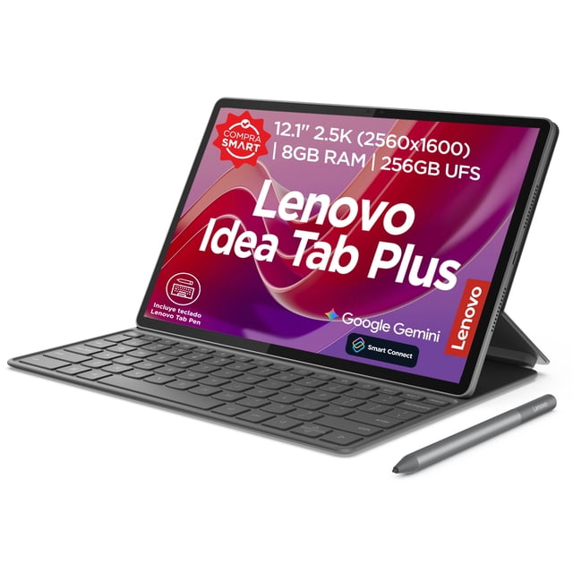 tablet lenovo idea tab plus 8gb 256gb más pluma y case con teclado gris 3/4 frontal con teclado folio desplegado y Tab Pen Plus delante; pantalla 12.1" 2.5K muestra texto de producto, carcasa y teclado en gris, soporte trasero inclinado y bordes delgados, vista clara del lápiz y del conector del teclado. A menudo usada como estación portátil para escribir y tomar notas.